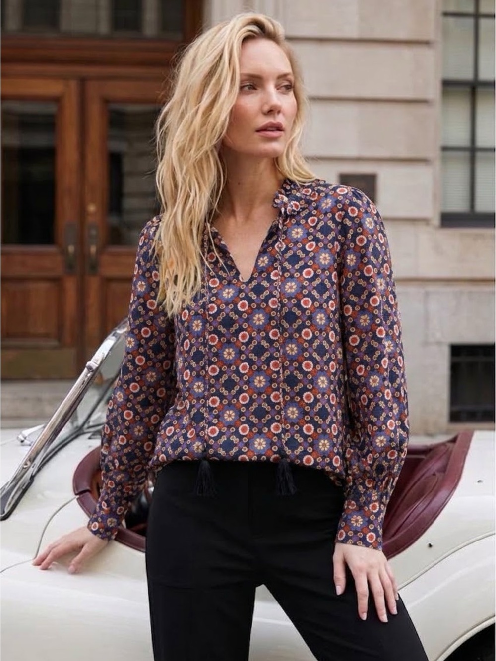 A.P.C. $298 • 17.25” PTP / small • “Debbie” blouse navy, fall 2018 collection